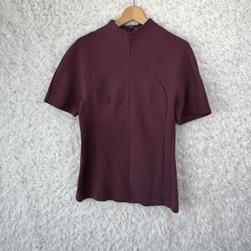 Carven Short Sleeve Mock Neck Top Medium Burgundy Minimalist Chic